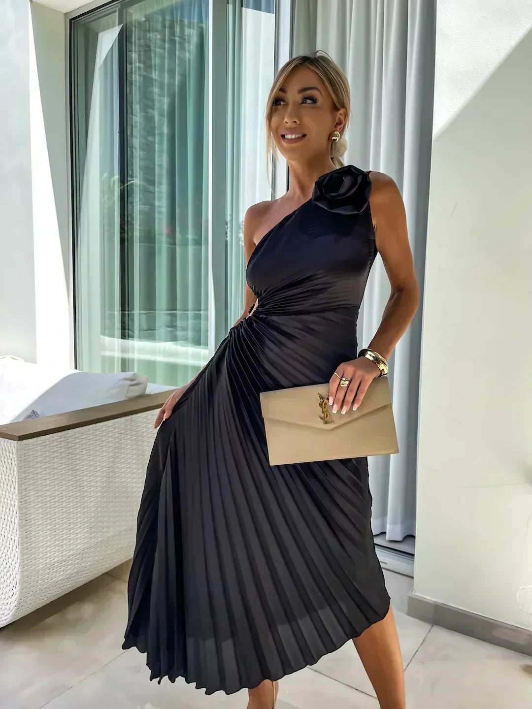 Violet | Women’s Pleated One Shoulder Midi Dress