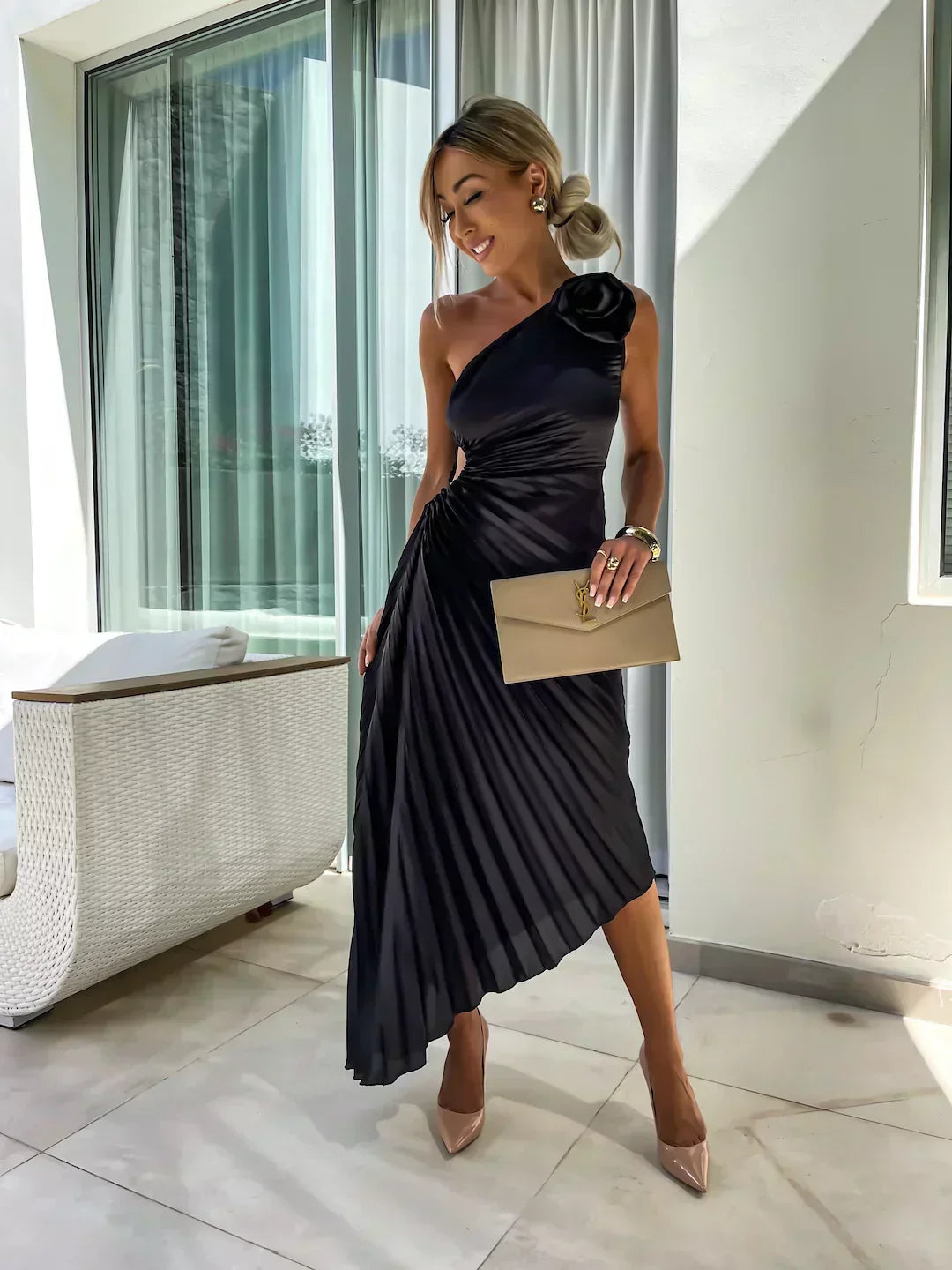 Violet | Women’s Pleated One Shoulder Midi Dress