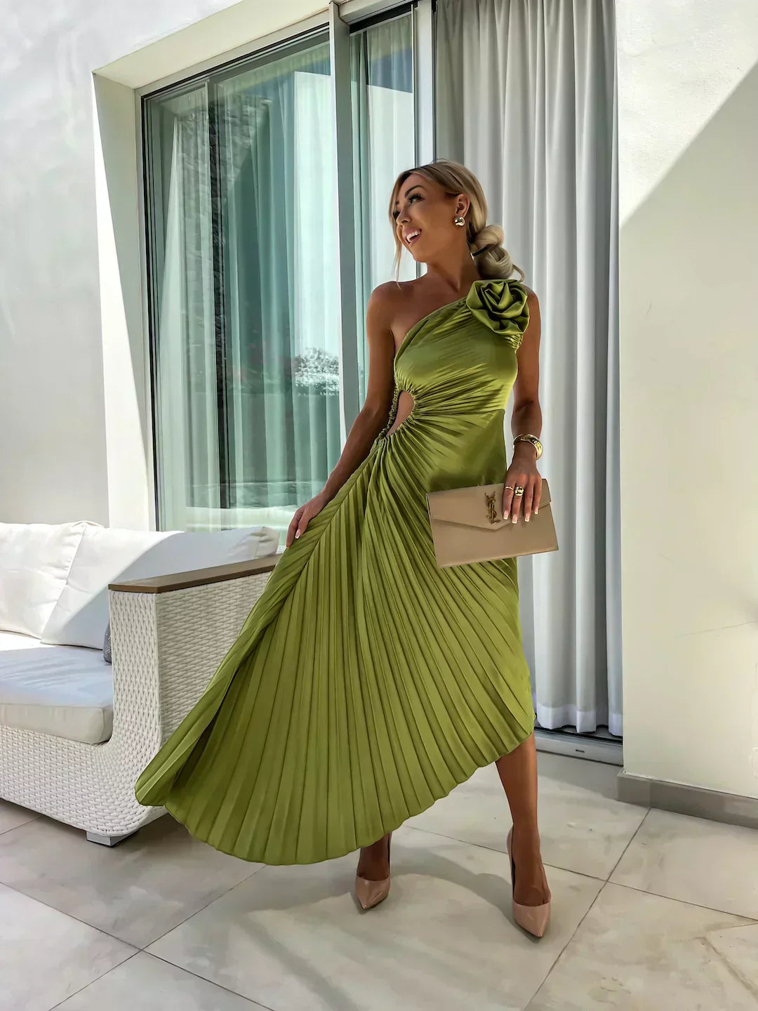 Violet | Women’s Pleated One Shoulder Midi Dress