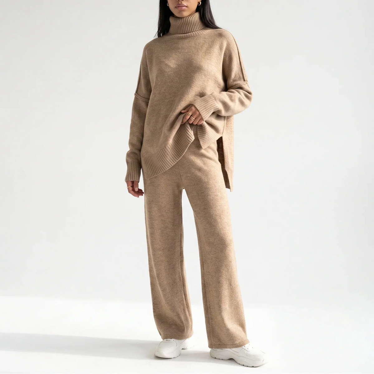 Women's Knitted Lounge Set – Turtleneck Jumper & Wide-Leg Trousers