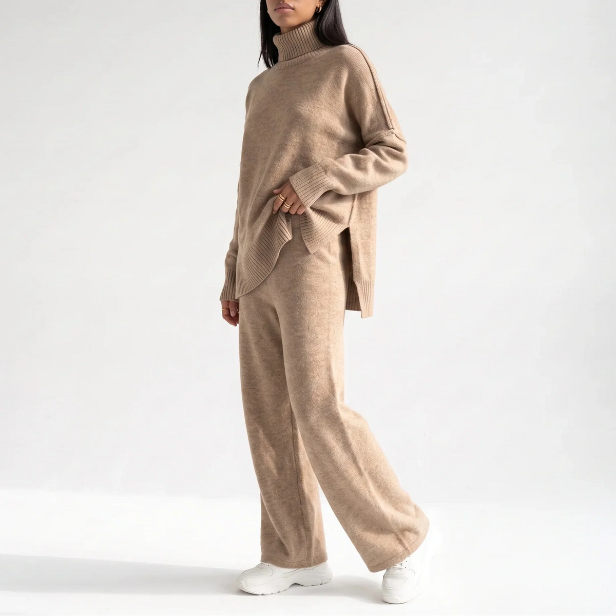 Women's Knitted Lounge Set – Turtleneck Jumper & Wide-Leg Trousers