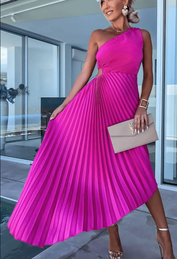 Lily | Women’s Wedding Gues Dress One Shoulder Pleated Maxi Dress