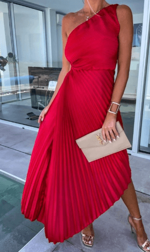 Lily | Women’s Wedding Gues Dress One Shoulder Pleated Maxi Dress