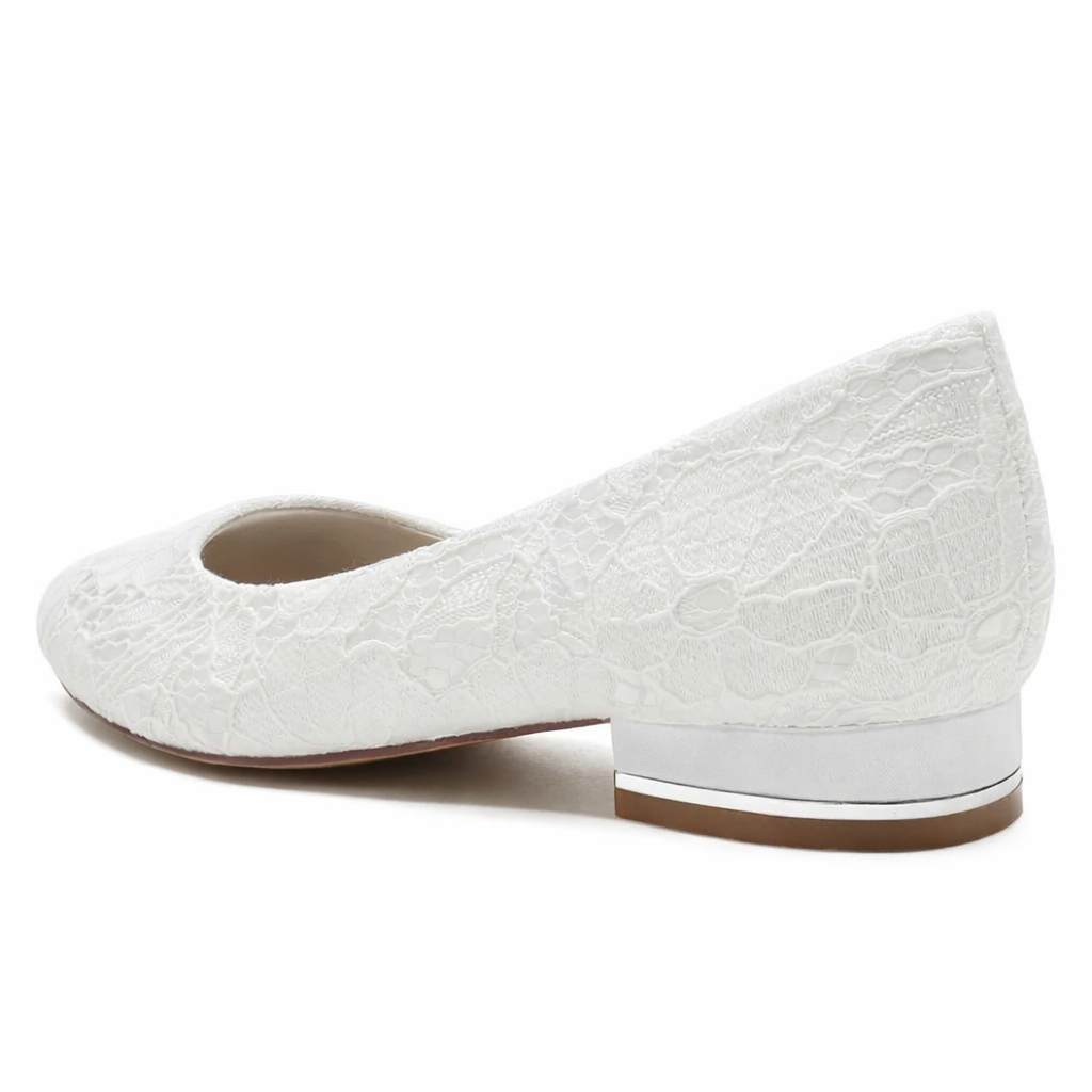 Women’s White Lace Bridal Flats – Round Toe Wedding Shoes with Low Heel Comfort