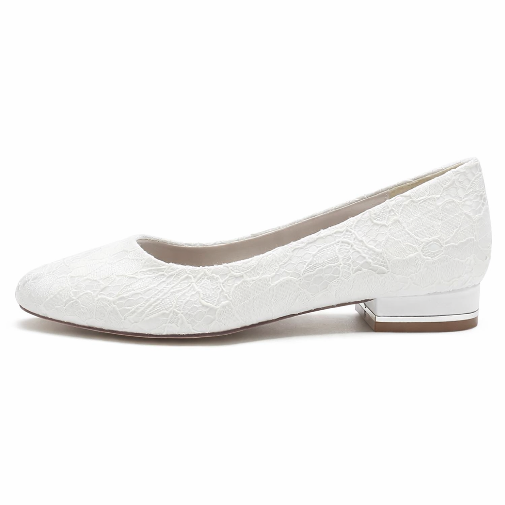 Women’s White Lace Bridal Flats – Round Toe Wedding Shoes with Low Heel Comfort