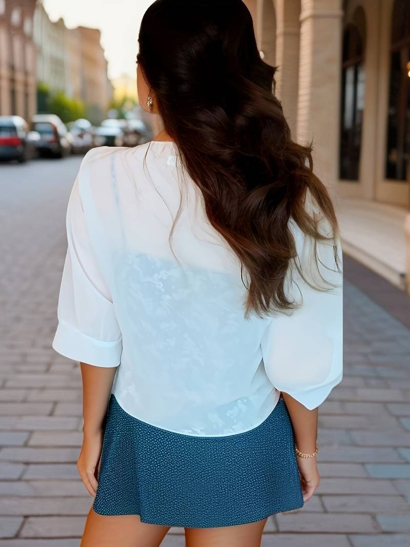 Brisa | Women's Tie Front Sheer Blouse Open Front 3/4 Sleeve Top