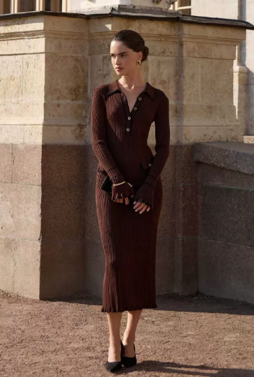 Eva | Womens Ribbed Button Front Knit Midi Dress