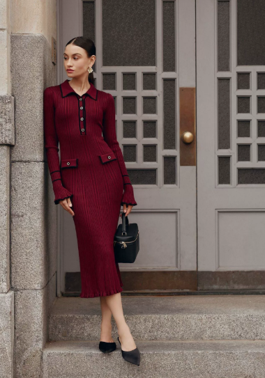 Eva | Womens Ribbed Button Front Knit Midi Dress