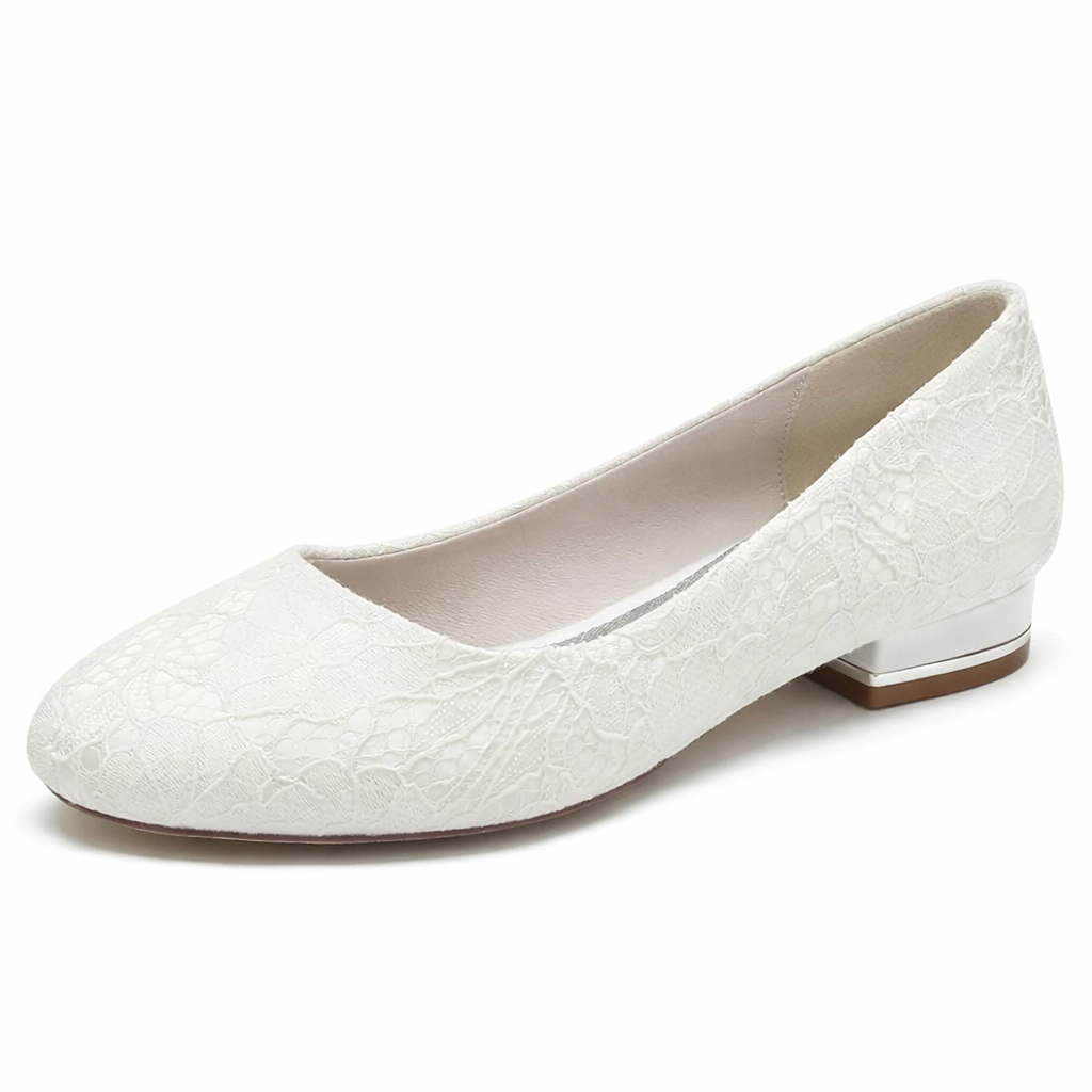 Women’s White Lace Bridal Flats – Round Toe Wedding Shoes with Low Heel Comfort