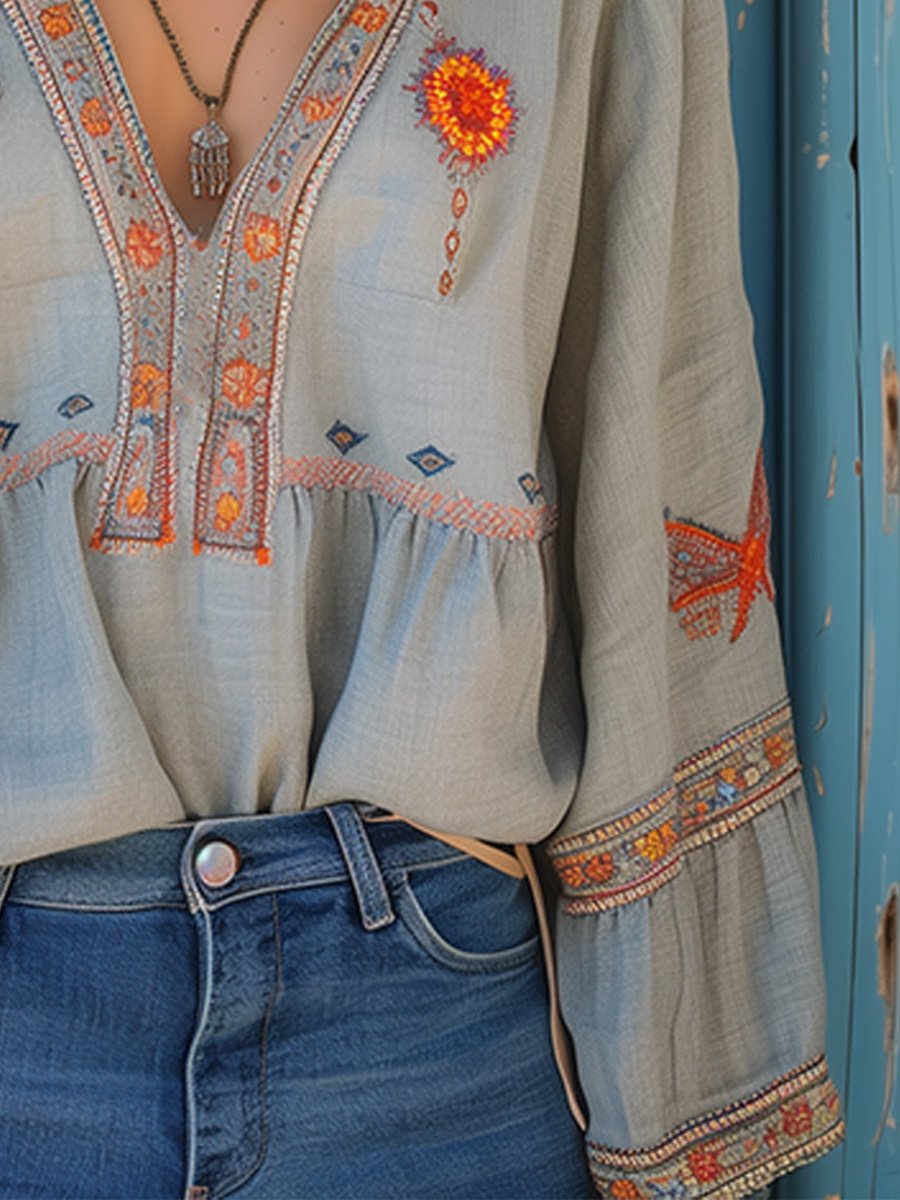Violet | Women Bohemian Embroidered V Neck Blouse
