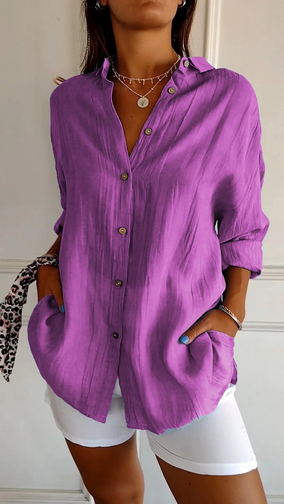 Azure | Women's Casual Button-Down Shirt Oversized Long Sleeve