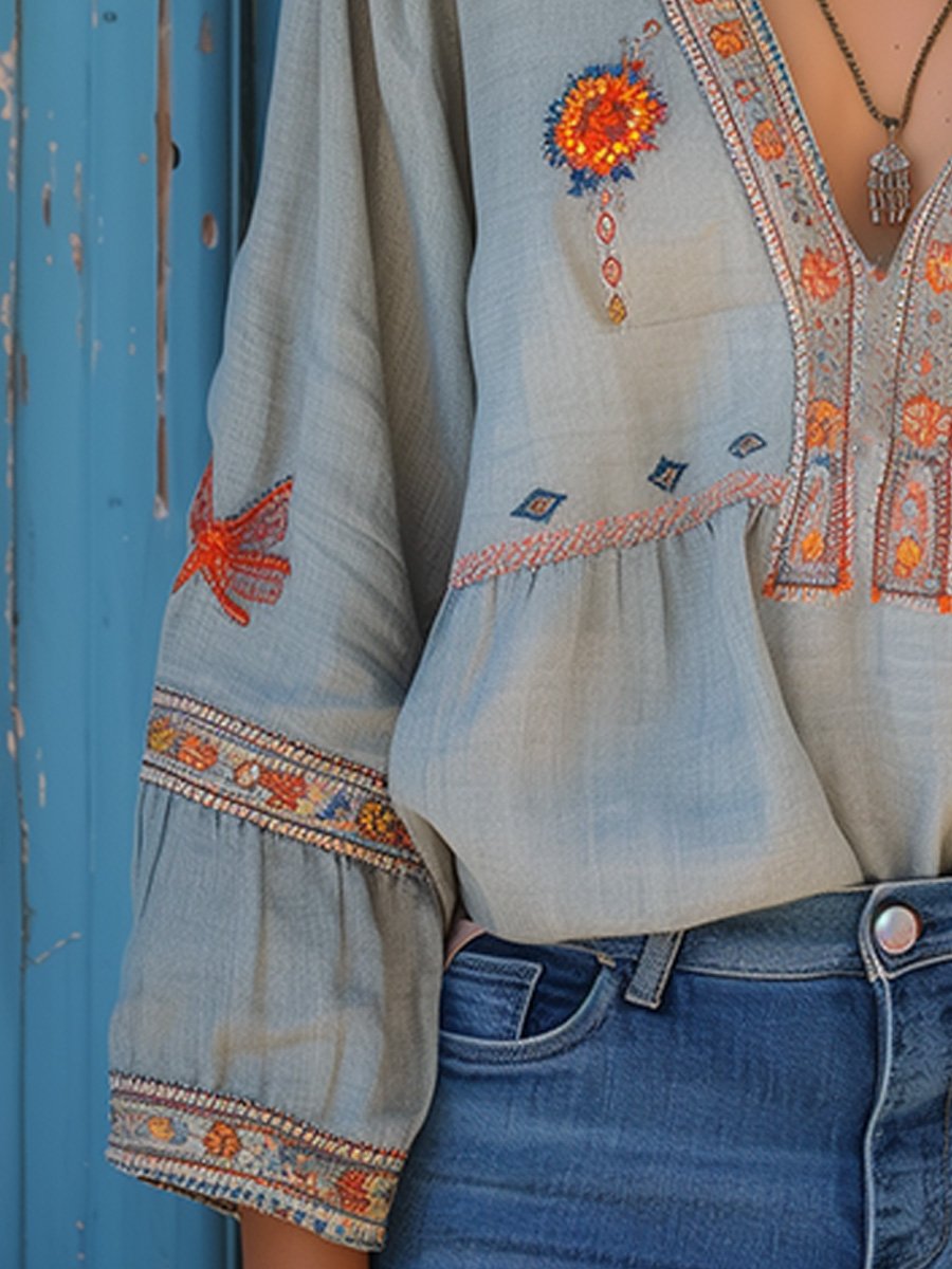 Violet | Women Bohemian Embroidered V Neck Blouse