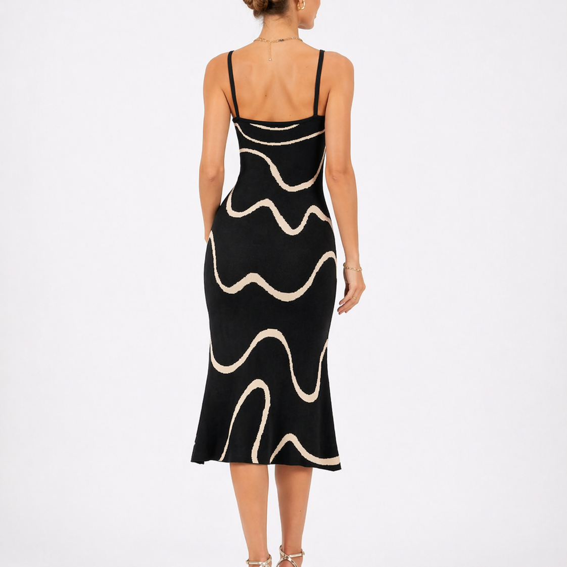 Women's Black Sleeveless Knit Midi Dress with Mermaid Hem