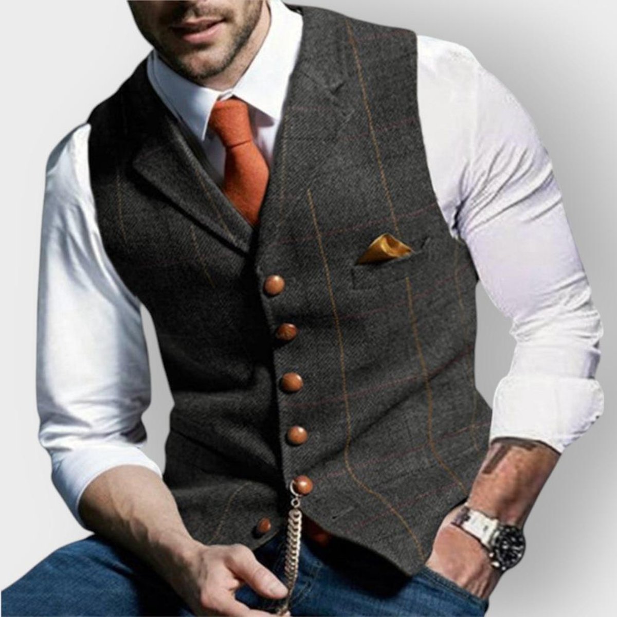Noah | Mens Gilet Herringbone Tweed Waistcoat Buttoned Checked Vest