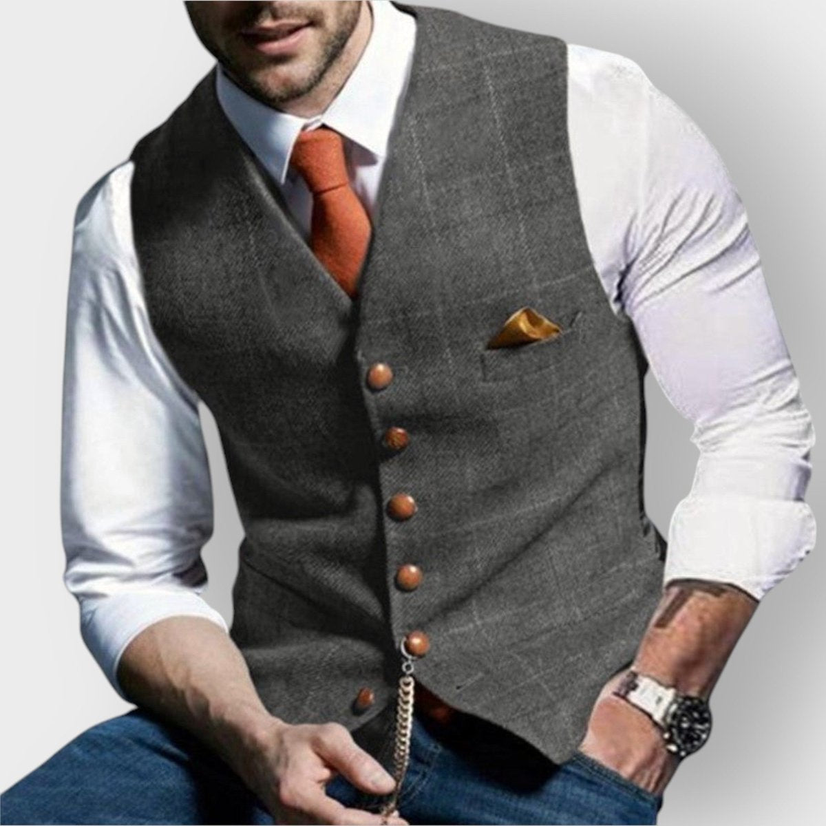 Noah | Mens Gilet Herringbone Tweed Waistcoat Buttoned Checked Vest