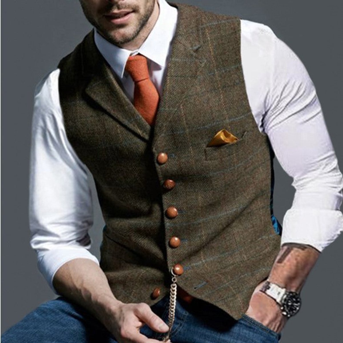 Noah | Mens Gilet Herringbone Tweed Waistcoat Buttoned Checked Vest