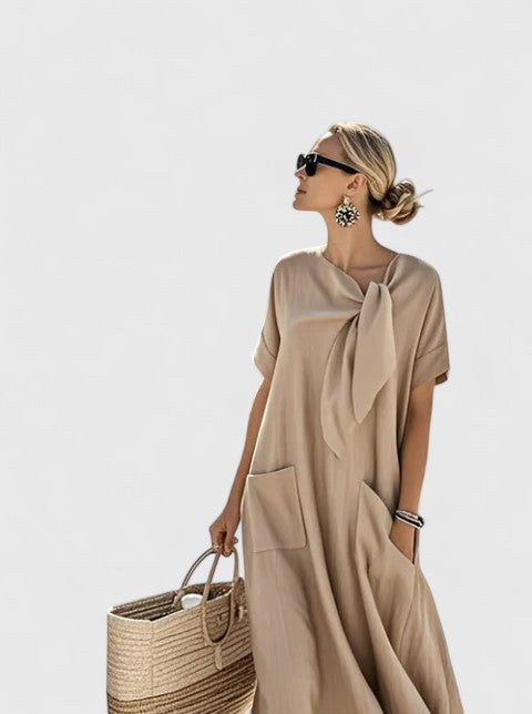 Elizabeth | Womens Loose Pocket Tie Neck Midi Dress