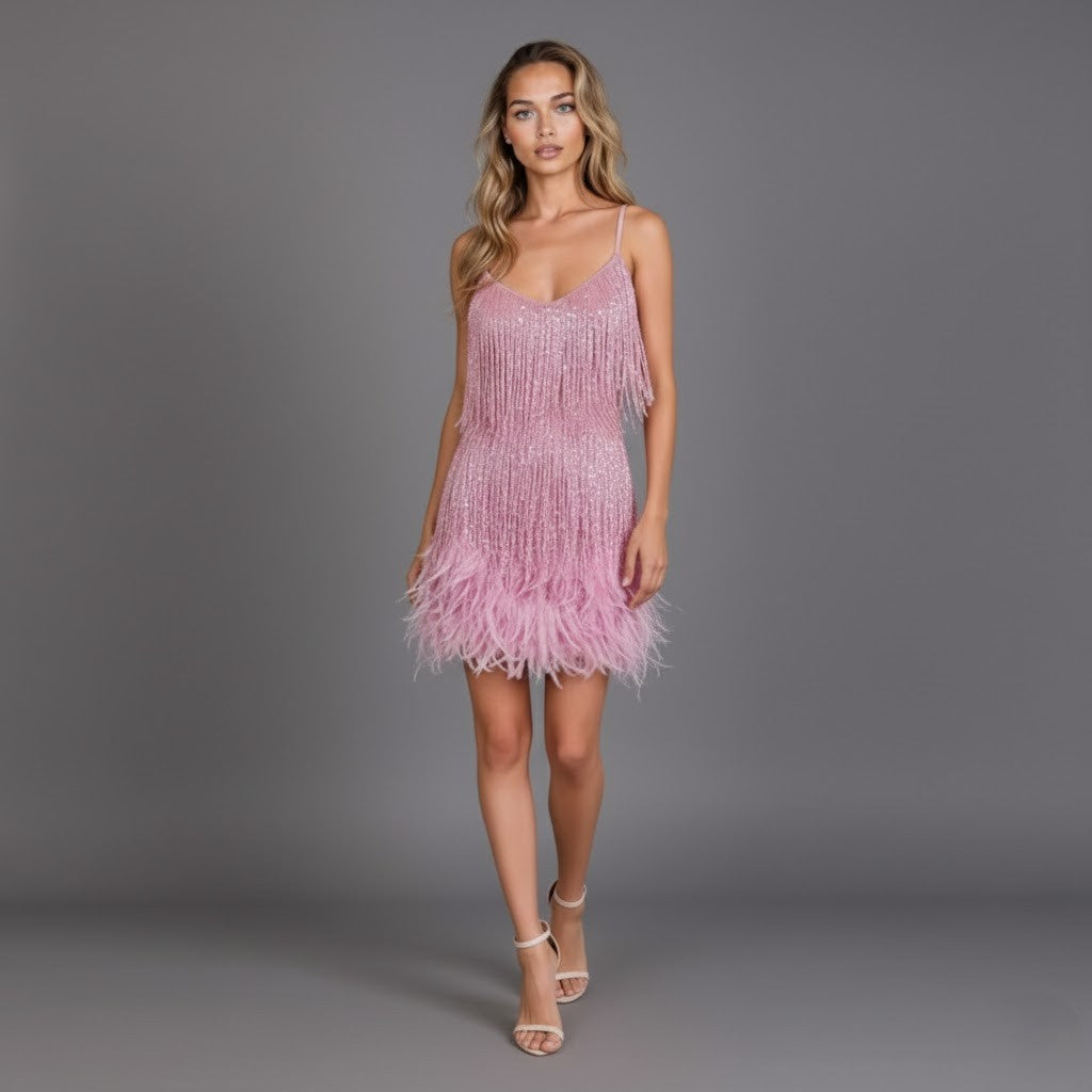 Audrey | Women’s Fringe Feather Party Dress Mini