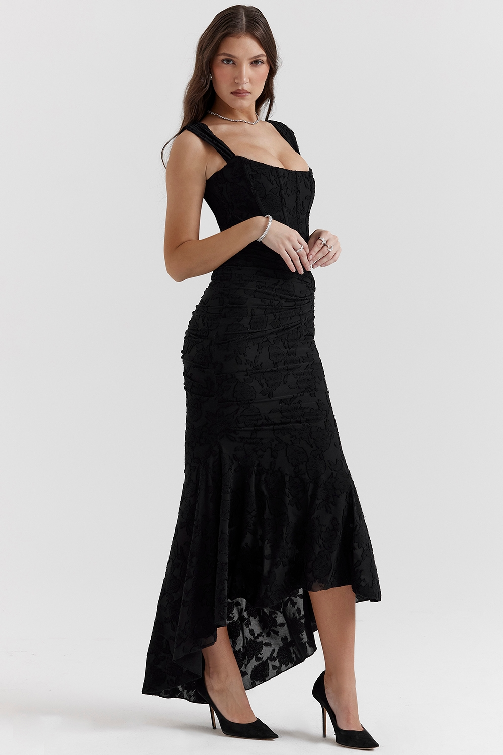 Women Graduation Floral Corset Asymmetric Midi Dress