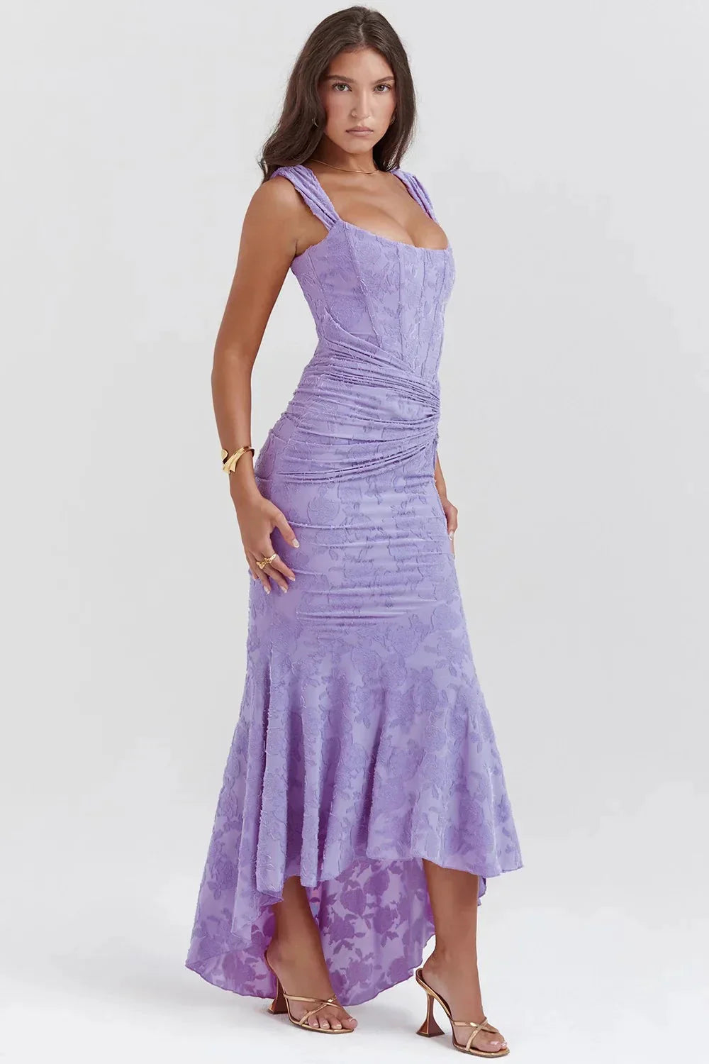 Women Graduation Floral Corset Asymmetric Midi Dress