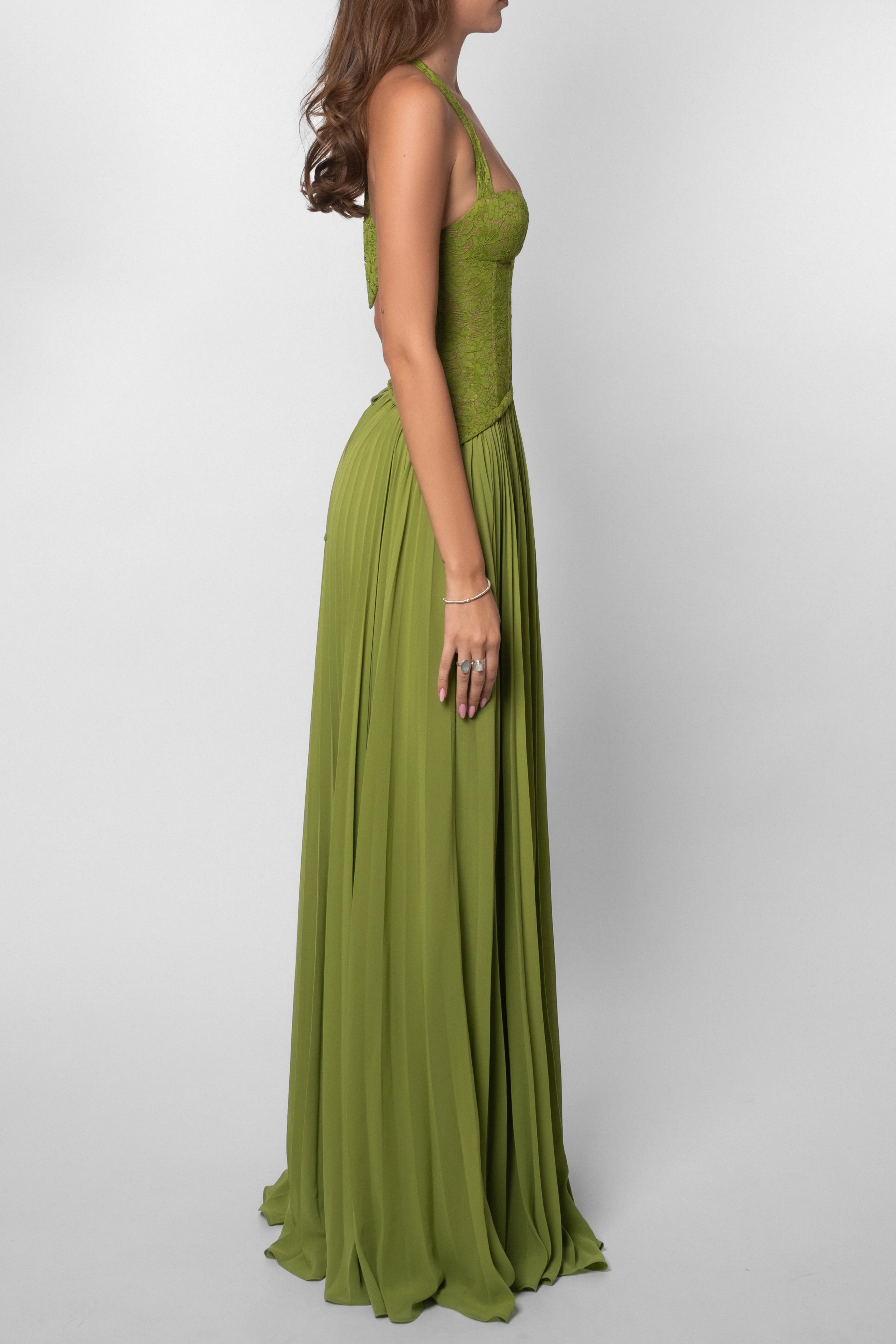 Women Halter Floral Lace Pleated Maxi Dress