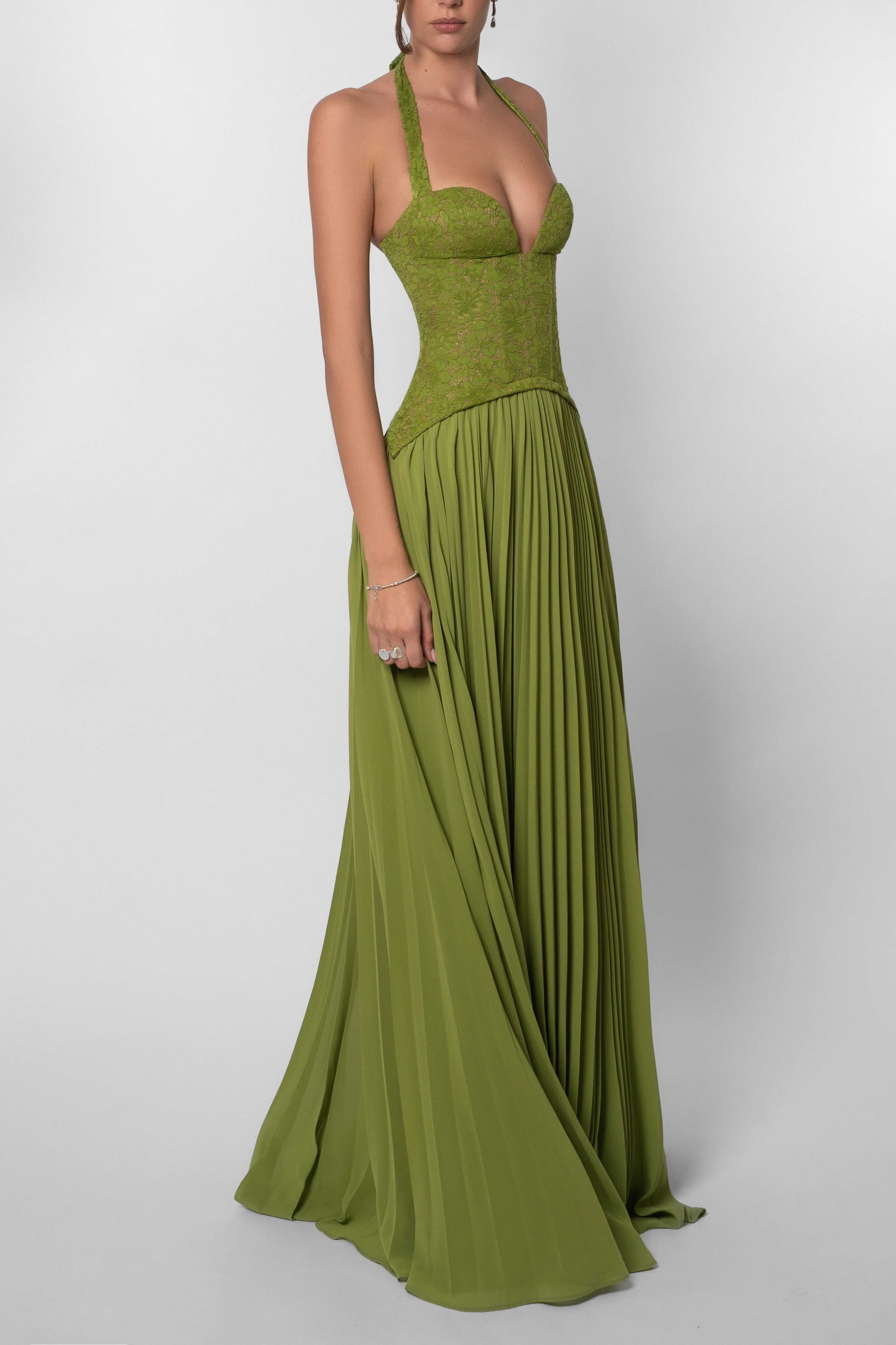 Women Halter Floral Lace Pleated Maxi Dress