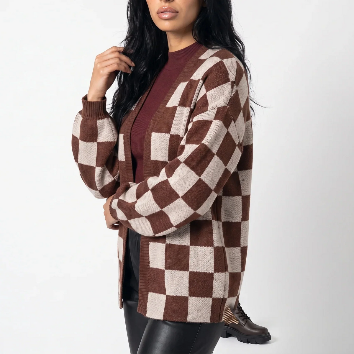 Women's Checkerboard Knit Cardigan – Relaxed Fit Casual Sweater Jacket