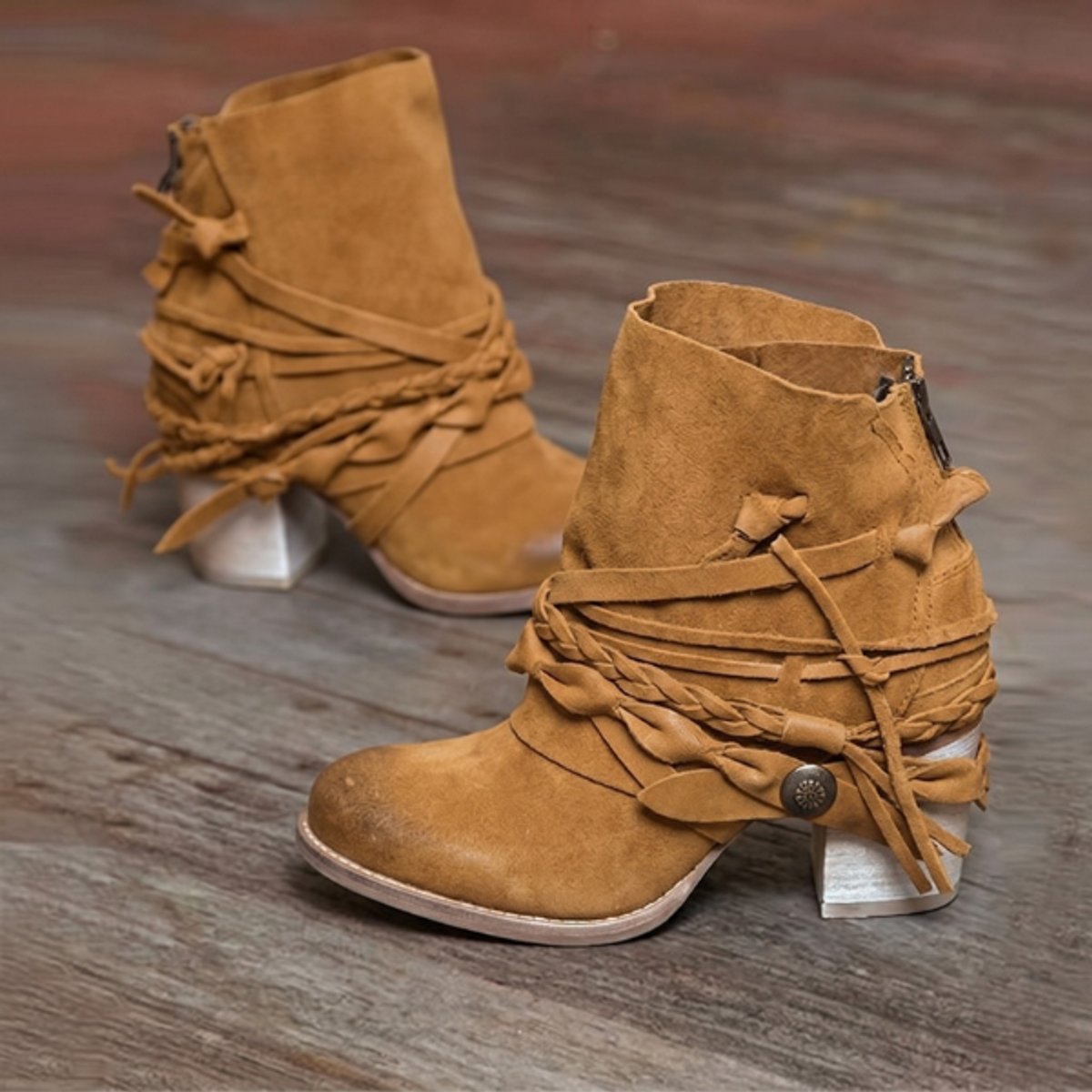 Ella | Women's Ankle Boots Western Suede Block Heel Strappy Booties