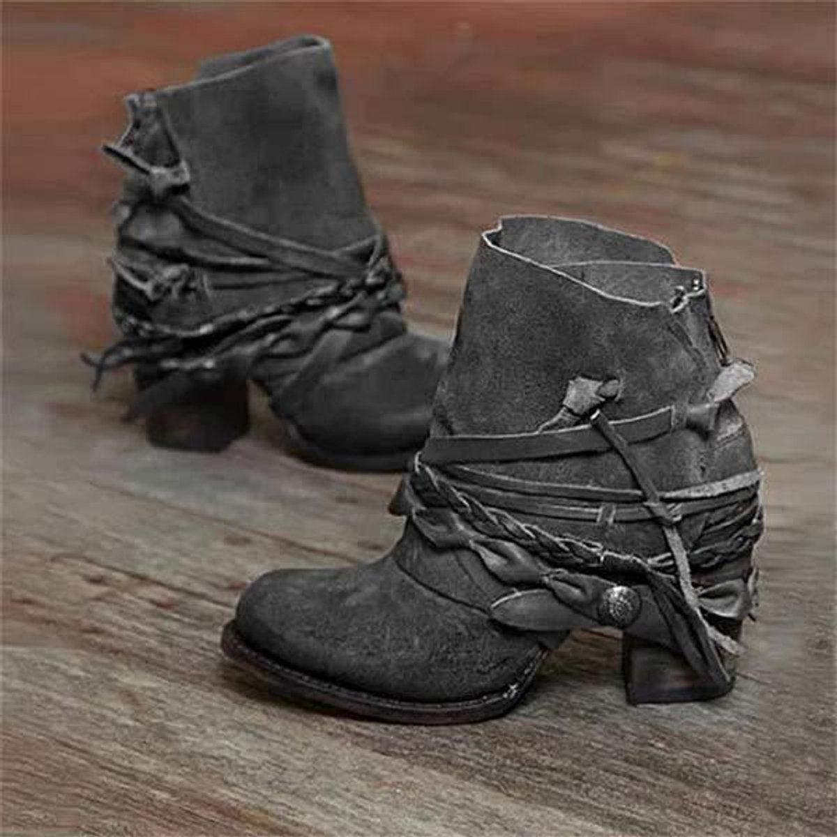 Ella | Women's Ankle Boots Western Suede Block Heel Strappy Booties