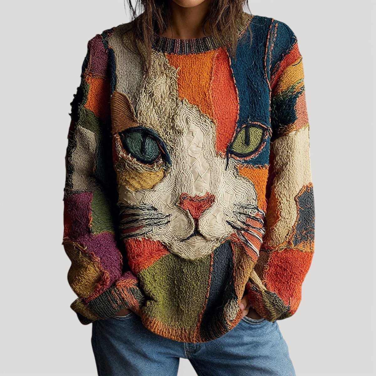 Isla | Women's Artistic Cat Print Relaxed Knit Sweater Jumper