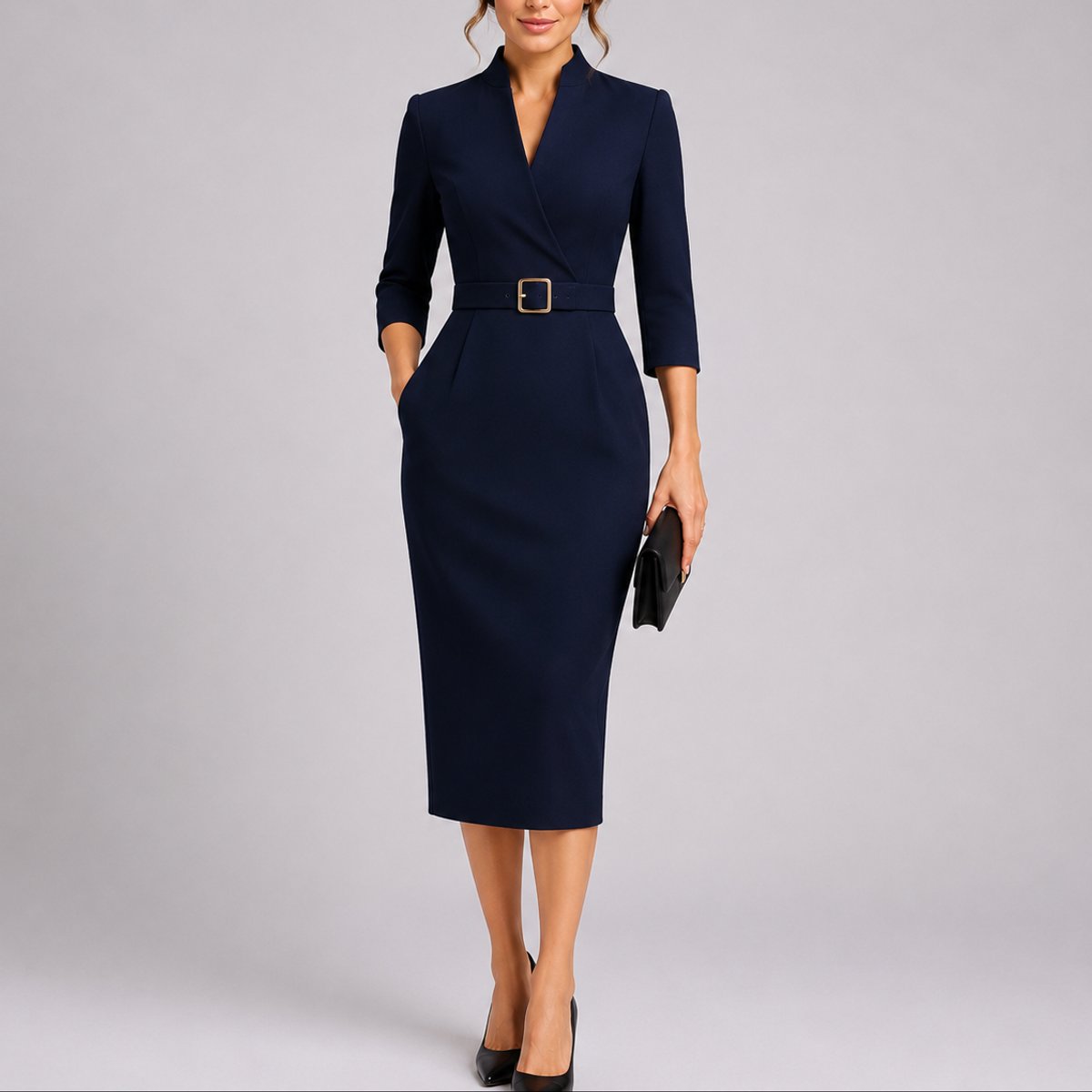 Grace | Women's Belted Bodycon Midi Fall Wedding Guest Dress V-Neck