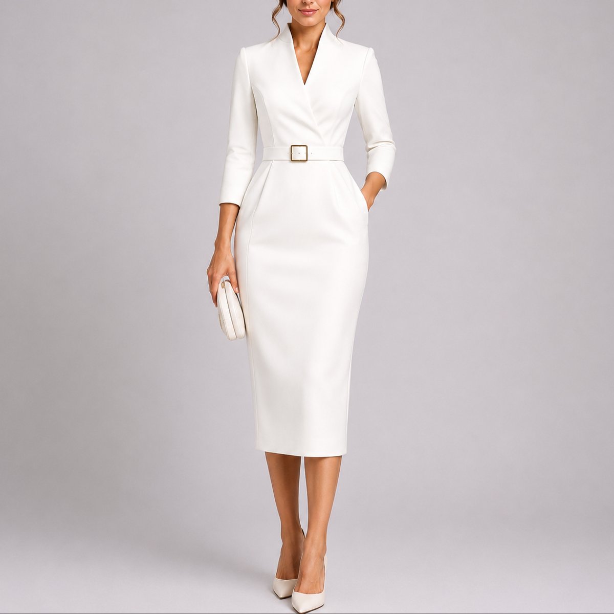 Grace | Women's Belted Bodycon Midi Fall Wedding Guest Dress V-Neck