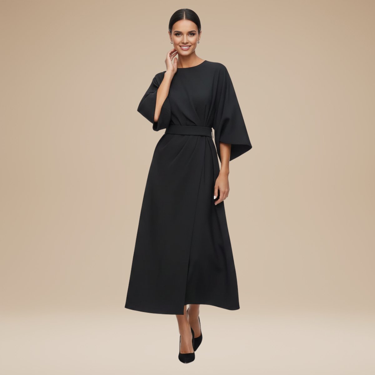 Willow | Women's Belted Wide-Sleeve Midi Long Sleeve Dress