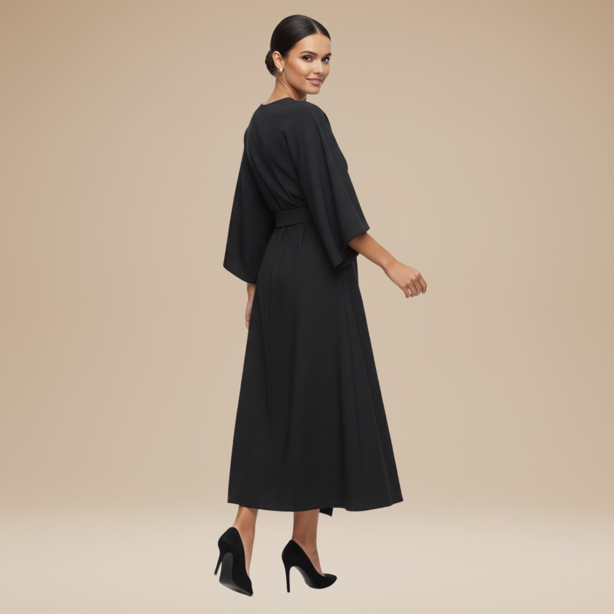 Willow | Women's Belted Wide-Sleeve Midi Long Sleeve Dress