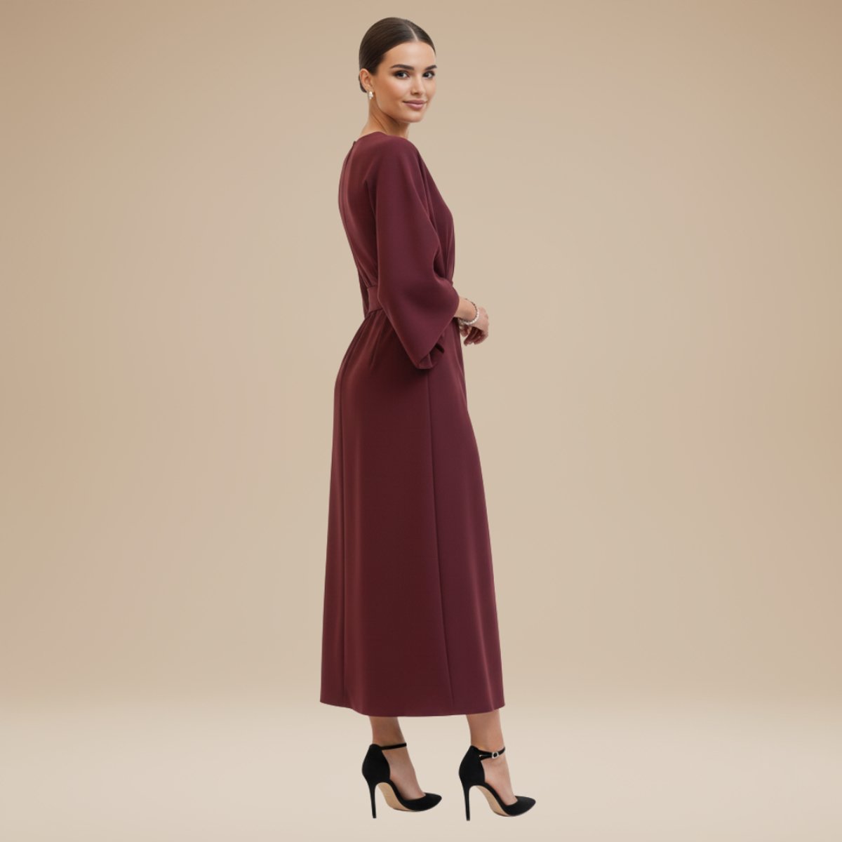 Willow | Women's Belted Wide-Sleeve Midi Long Sleeve Dress