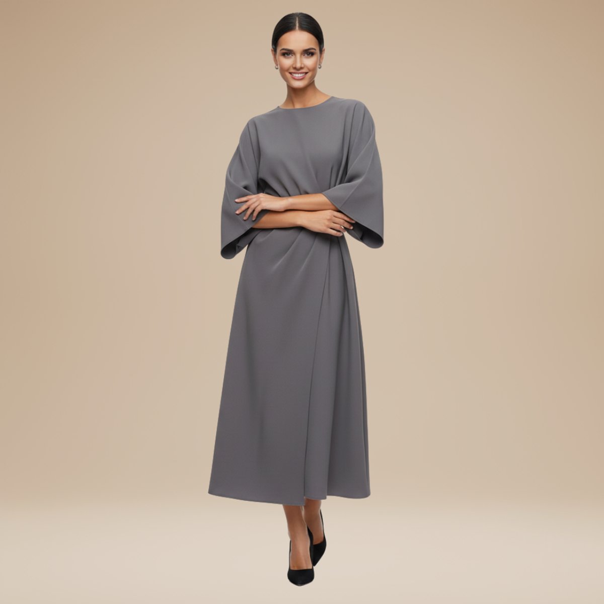 Willow | Women's Belted Wide-Sleeve Midi Long Sleeve Dress