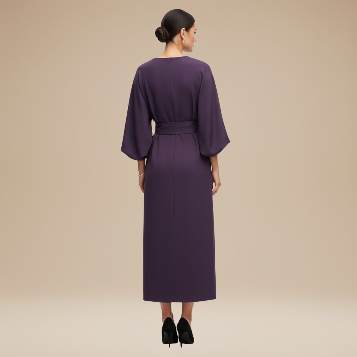 Willow | Women's Belted Wide-Sleeve Midi Long Sleeve Dress