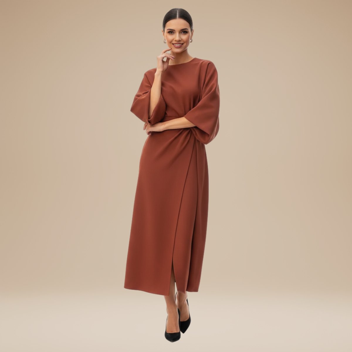Willow | Women's Belted Wide-Sleeve Midi Long Sleeve Dress