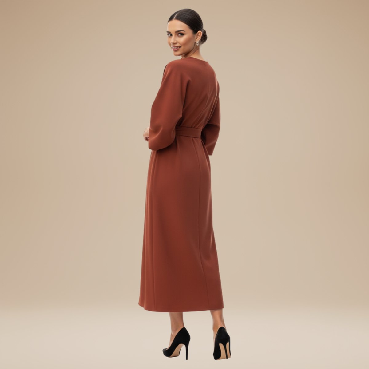 Willow | Women's Belted Wide-Sleeve Midi Long Sleeve Dress