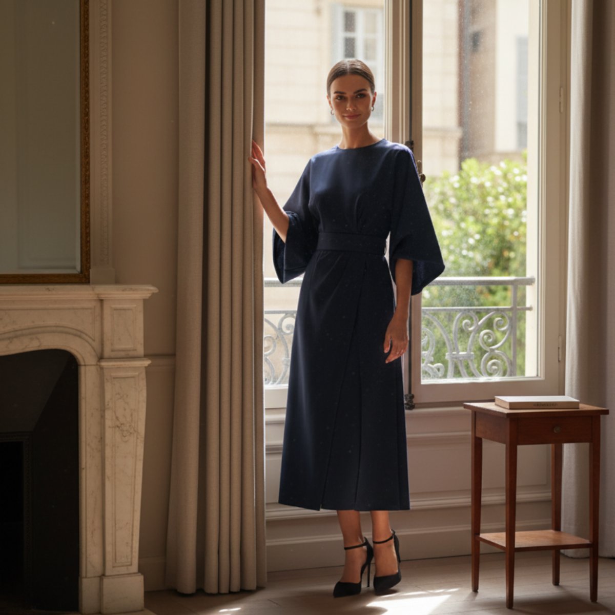 Willow | Women's Belted Wide-Sleeve Midi Long Sleeve Dress