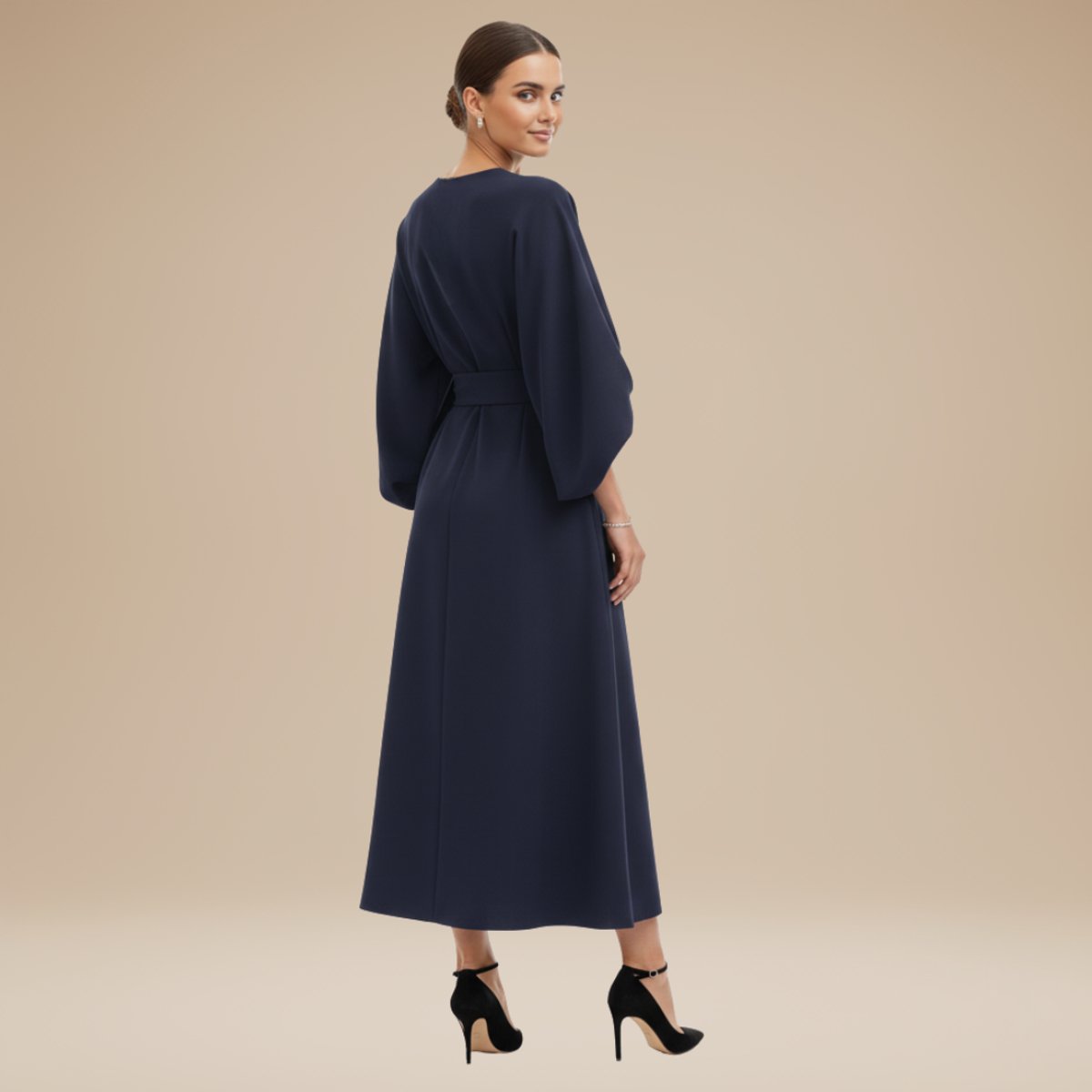 Willow | Women's Belted Wide-Sleeve Midi Long Sleeve Dress