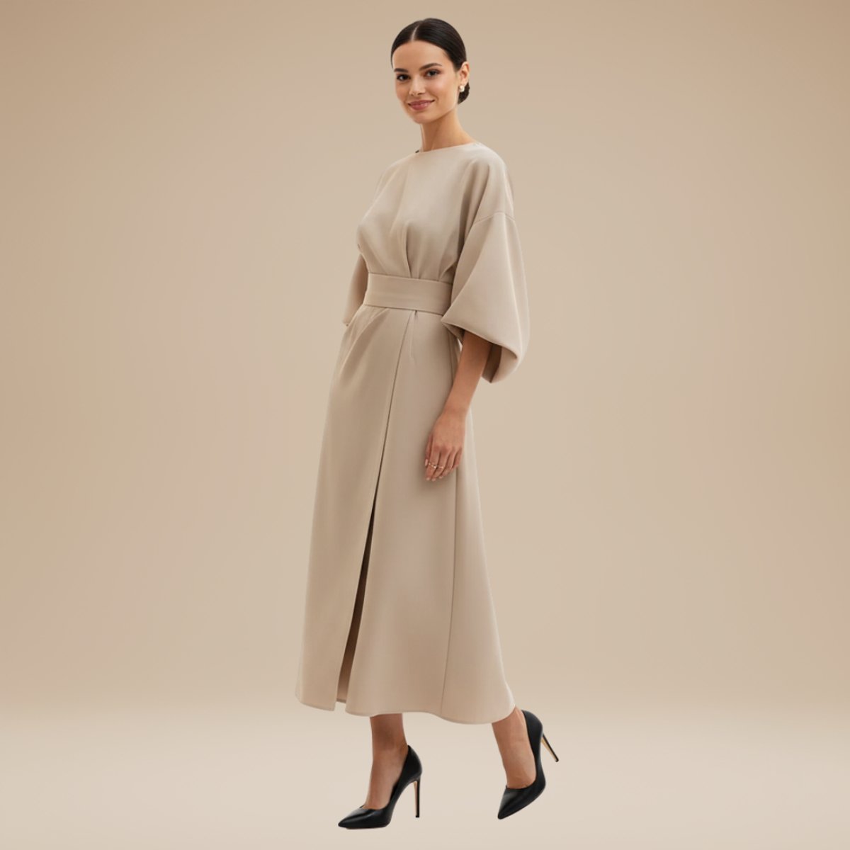 Willow | Women's Belted Wide-Sleeve Midi Long Sleeve Dress