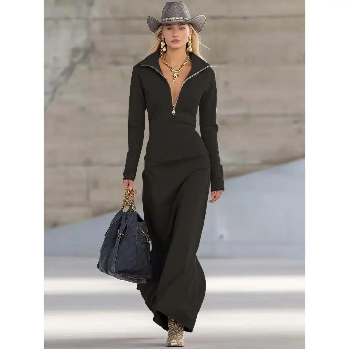 Florence | Women's Black Zip-Neck Maxi Long Sleeve Dress