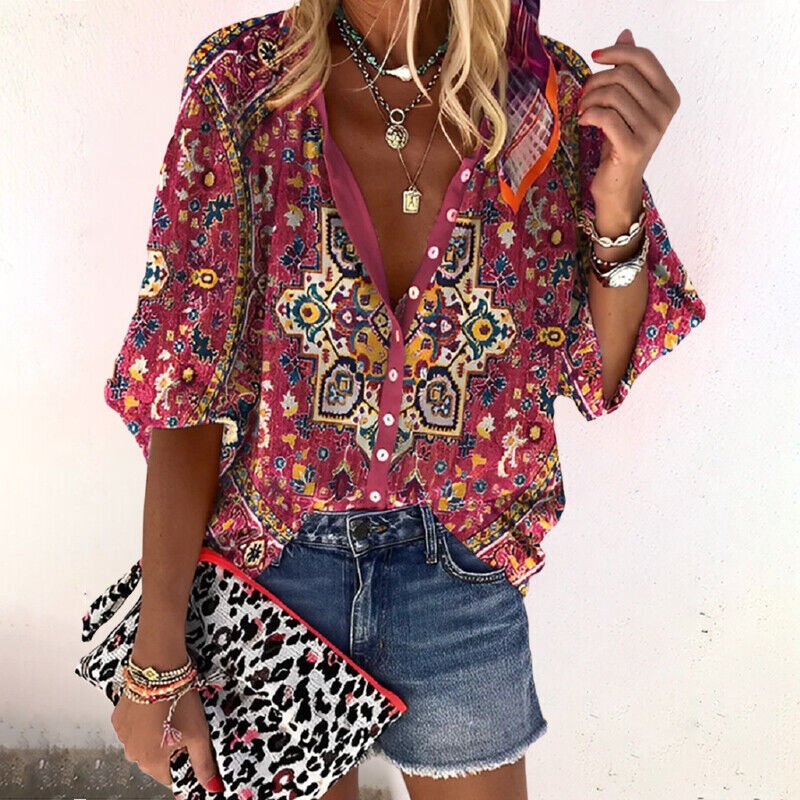 Scarlett | Women's Bohemian Floral Blouse V-Neck Long Sleeve Button Down