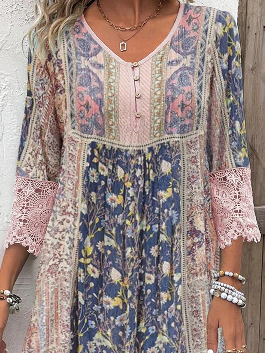 Rosie | Women's Bohemian Floral Lace-Trim Three-Quarter Sleeve Tunic Dress