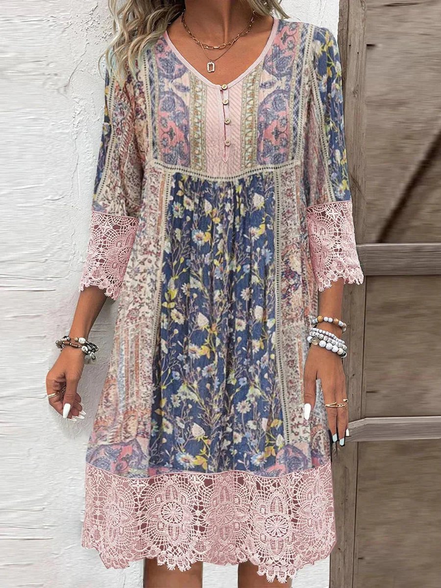Rosie | Women's Bohemian Floral Lace-Trim Three-Quarter Sleeve Tunic Dress