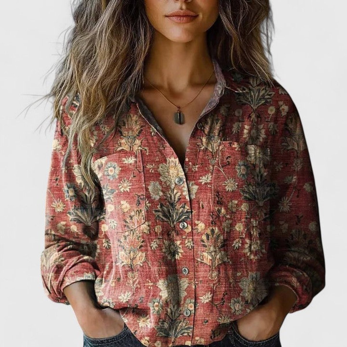 Olivia | Women's Boho Floral Print Long Sleeve Button-Up Blouse