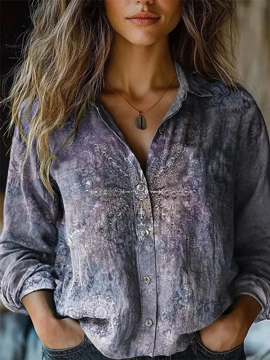 Olivia | Women's Boho Floral Print Long Sleeve Button-Up Blouse