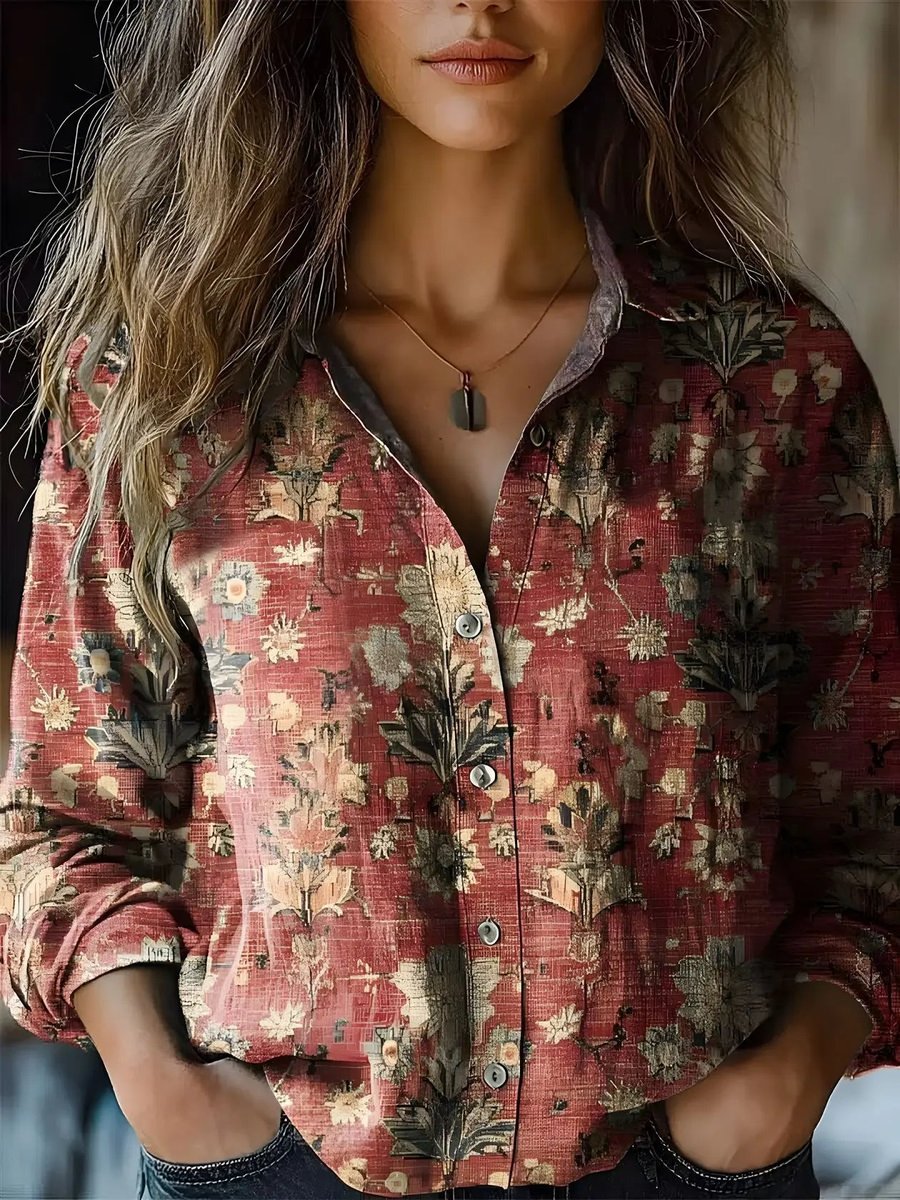 Olivia | Women's Boho Floral Print Long Sleeve Button-Up Blouse