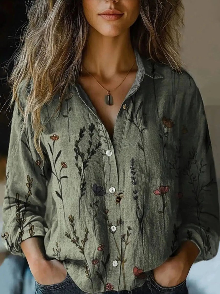 Olivia | Women's Boho Floral Print Long Sleeve Button-Up Blouse